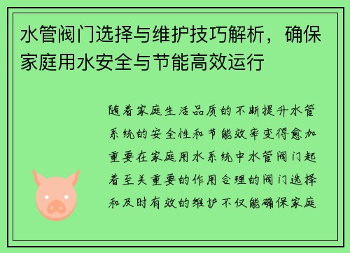 水管阀门选择与维护技巧解析，确保家庭用水安全与节能高效运行
